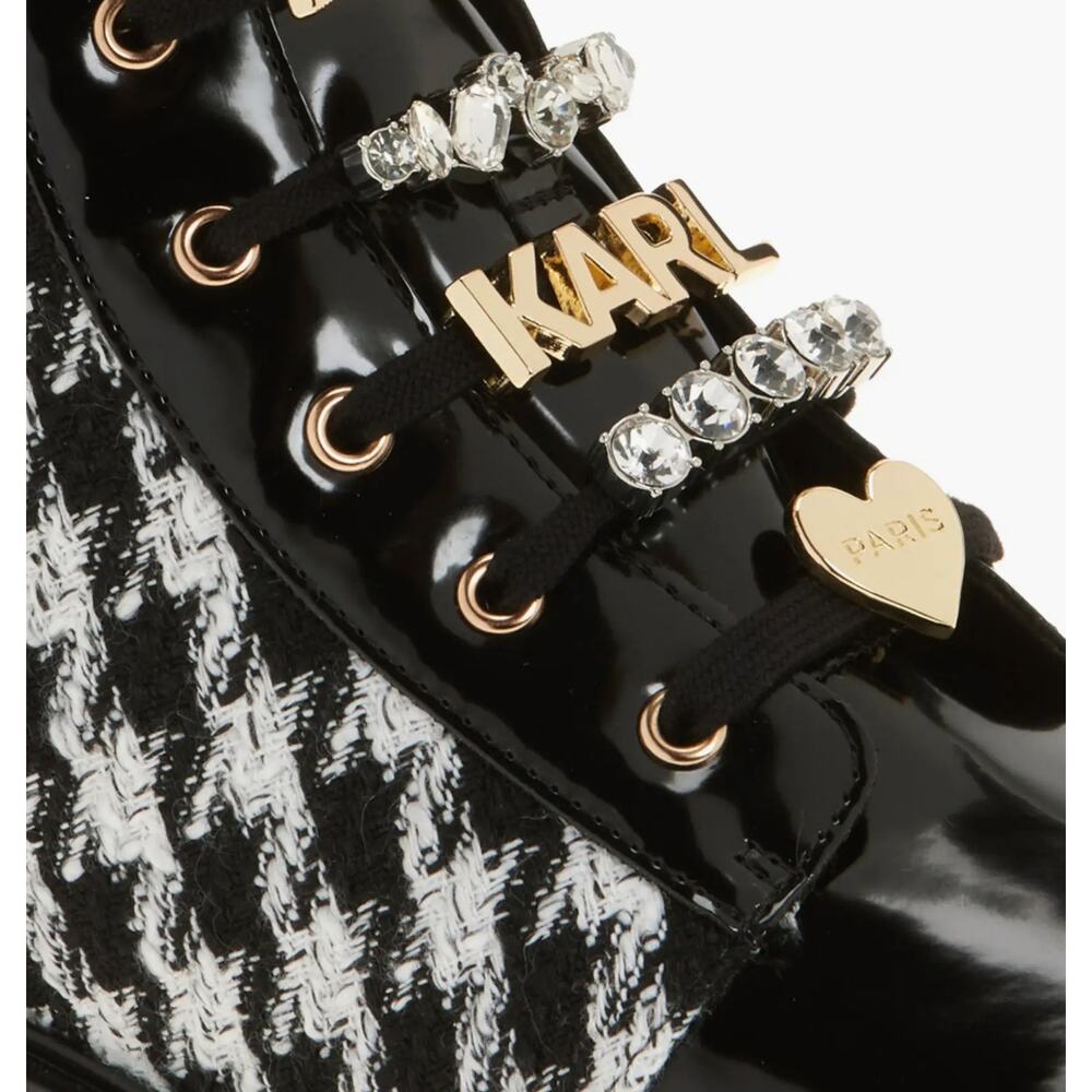 Karl Lagerfeld Paris Mela Tweed Combat Boot | Womens 6, Black White Houndstooth - Picture 2 of 7